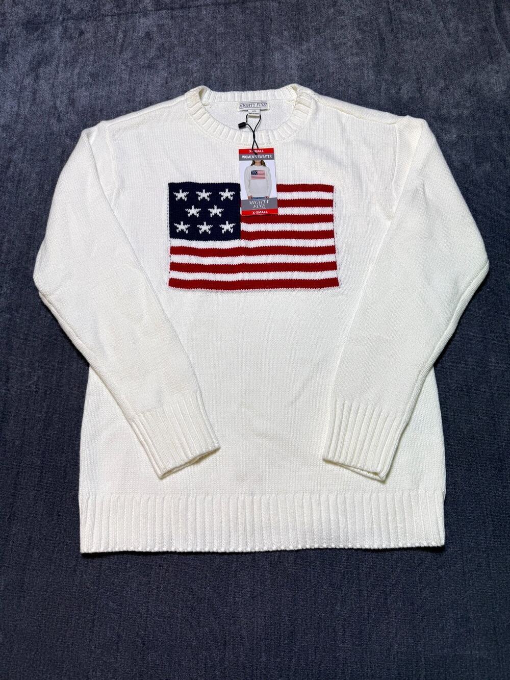 NWT Mighty Fine Americana Sweater Women's XS Cream Ribbed Trims Comfy Pullover